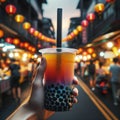 An AI illustration of An AI illustration of hand holding up bubble tea with various flavors in a str Royalty Free Stock Photo