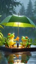 AI illustration of amphibians on a boat, under a small umbrella, braving the rain Royalty Free Stock Photo