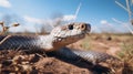 An AI illustration of an angry looking snake laying on top of the ground in the dirt