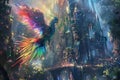 AI illustration of an animated bird soars over a fantasy city with a castle and bridge