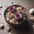 AI illustration of an arrangement of flowers and shells in a wooden bowl