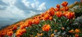 AI illustration of an arrangement of orange flowers set against a picturesque landscape. Royalty Free Stock Photo