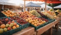 AI illustration of An array of colorful fruits  presented in baskets at an outdoor market. Royalty Free Stock Photo