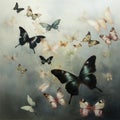 An AI illustration of an art piece of butterflies in flight against a white sky