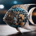 An AI illustration of a fish made from watches sitting on a table, one arm held in the other