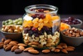 An AI illustration of assorted nuts in glass jar with different types of dried fruits Royalty Free Stock Photo