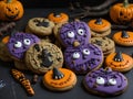 An AI illustration of many different decorated cookies are on the table with pumpkins and bats