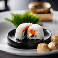 An AI illustration of sushi rolls are on a plate with sauce and a green plant