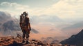 AI illustration of an astronaut wearing a space suit standing on a rocky, arid surface.