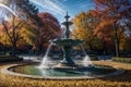 AI illustration of an autumn park with a big fountain at the center