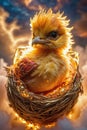 AI illustration of a baby phoenix in a fireproof nest.