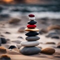 An AI illustration of pile of balanced rocks and pebbles in front of the ocean