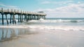 AI illustration of a beach pier jutting out into the water with calm white waves.