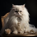 AI illustration of A beautiful white fluffy cat wearing a pearl necklace
