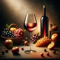 AI illustration of beautiful wine, with organic fruits (apple, orange, grapes)