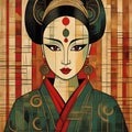 An AI illustration of a woman with oriental attire and makeup on the face is in front of a grid