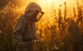 AI illustration of a beekeeper wearing protective gear walking through a field of tall grass.