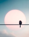 AI illustration of a bird perched atop an wire against a backdrop of a beautiful pink moon Royalty Free Stock Photo