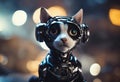 An AI illustration of a cat dressed in black with a headphone in its mouth