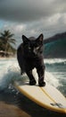 AI illustration of a black domestic cat walking on a blue and white striped surfboard Royalty Free Stock Photo