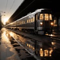 An AI illustration of black and silver train stopped on train tracks at night with reflection