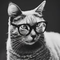 AI illustration of a black and white portrait of a domestic cat wearing glasses Royalty Free Stock Photo