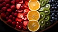 An AI illustration of a bowl filled with various fruits including berries, oranges, kiwi and straw