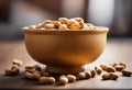 An AI illustration of bowl full of peanuts on wooden table in sunlight light with other nuts scatter