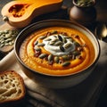 An AI illustration of a bowl of soup with sour cream, pumpkin seeds and pieces of bread