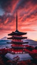 An AI illustration of An AI illustration of a pagoda in front of a sunset with red leaves and mounta
