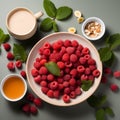 An AI illustration of a bowl of raspberries and other fruits with two cups of coffee Royalty Free Stock Photo