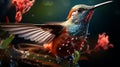 An AI illustration of a brightly colored bird with long red wings on a tree