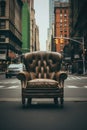 An AI illustration of the brown leather chair is in front of an intersection on the sidewalk