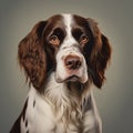 An AI illustration of a brown and white dog stares to the right side with big, round eyes