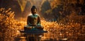 An AI illustration of a buddha statue sits in a water puddle on the bank