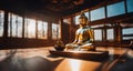 An AI illustration of a buddha statue sitting on a wooden table next to a window