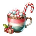 AI illustration of a candy cane placed inside a coffee mug and a small gift box. Royalty Free Stock Photo