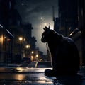 An AI illustration of a cat that is laying down in the street at night