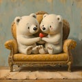 AI illustration of a charming image featuring two adorable teddy bears sitting on a luxurious couch