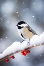 AI illustration of a chickadee perched on a snowy tree branch with berries.