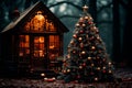 An AI illustration of a christmas tree next to an illuminated tiny house in the woods Royalty Free Stock Photo