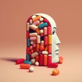 An AI illustration of an open face with lots of pills scattered on it and another side