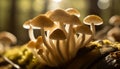 An AI illustration of close up of small mushrooms in the sunlight by trees on moss