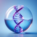 An AI illustration of dna in a sphere filled with water on a blue background Royalty Free Stock Photo