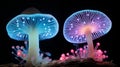 An AI illustration of a group of glowing mushrooms with many lights on them's trunks