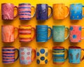 AI illustration of coffee mugs in vibrant colors set against a bright yellow backdrop. Royalty Free Stock Photo