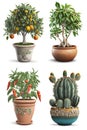 AI illustration. Collection of indoor plants, citrus, ficus and other in ceramic pots, on white background Royalty Free Stock Photo