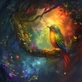 AI illustration of a colorful bird perched on tree branch under moonlit sky