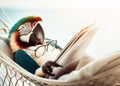 AI illustration of a colorful parrot perched on a beachside hammock, leisurely reading a book.