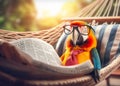 AI illustration of a colorful parrot perched on a beachside hammock, leisurely reading a book.